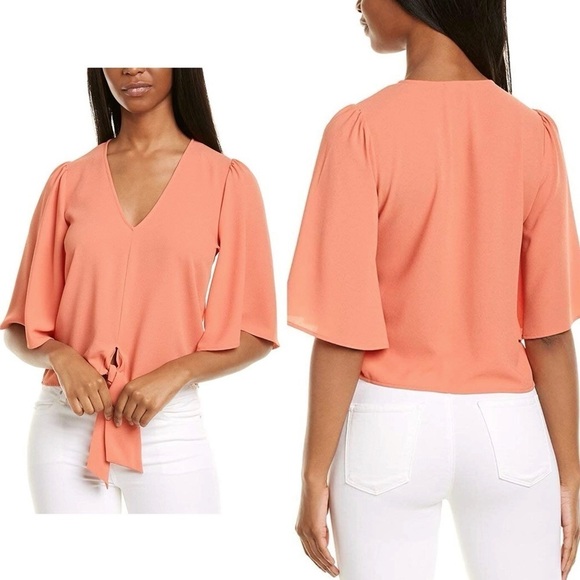 1.STATE Flounce Sleeve Tie Front V-Neck Blouse - Picture 2 of 9